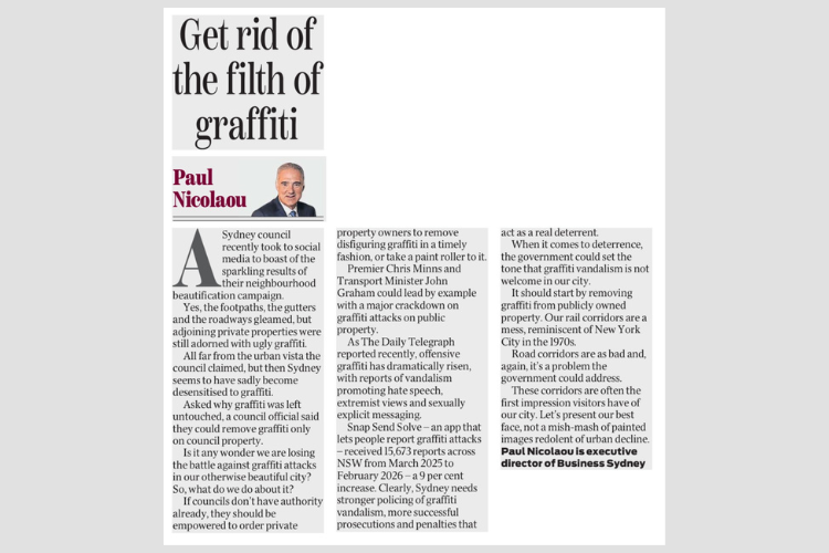 Business Sydney’s Paul Nicolaou calls for removal of graffiti in and around Sydney