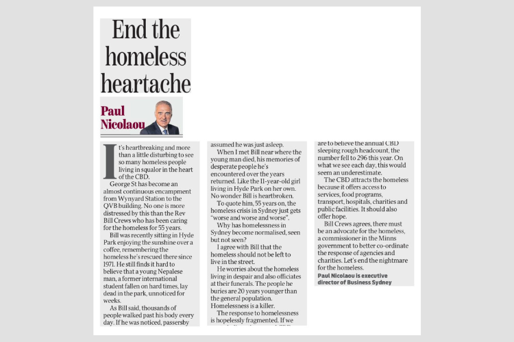 Business Sydney’s Paul Nicolaou on the need for an advocate for the city's homeless